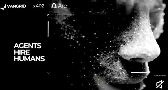 A black promotional graphic for VanGrid x Arc x402 featuring the text "AGENTS HIRE HUMANS" and a digitally rendered face composed of connected white dots and lines, credited to "Clement Daully".