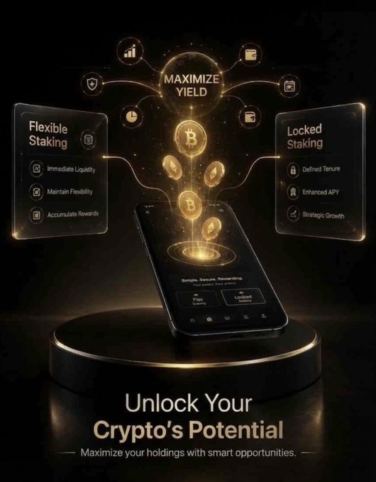 A sleek smartphone displays the Binance Simple Earn interface, surrounded by floating Bitcoin tokens and panels contrasting "Flexible Staking" (Immediate Liquidity, Maintain Flexibility, Accumulate Rewards) against "Locked Staking" (Defined Tenure, Enhanced APY, Strategic Growth), all under a glowing "MAXIMIZE YIELD" hub—visually reinforcing the post's message about putting idle crypto to work through staking rather than just trading. The tagline "Unlock Your Crypto's Potential" anchors the composition, illustrating the smart earning opportunities available beyond simple buy-and-sell strategies.