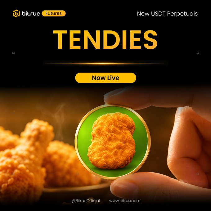 A promotional graphic from Bitrue Futures announcing the launch of a new USDT Perpetual contract called "TENDIES," featuring a hand holding a gold-rimmed token displaying a fried chicken nugget, with "Now Live" highlighted as the call to action. The image humorously visualizes the trading ticker with its nugget imagery to match the announcement of the TENDIESUSDT perpetual contract.