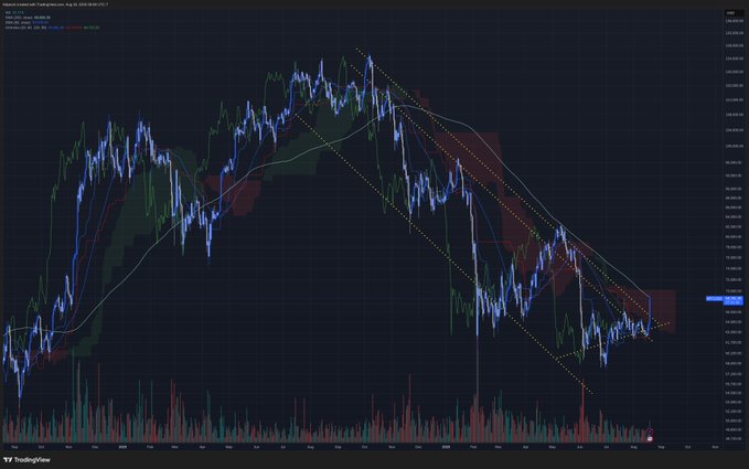 A TradingView stock chart displays a downward-trending channel pattern with yellow trendlines on a dark background, with the ticker appearing to read NEDAPLC.