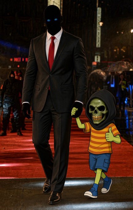 A faceless figure in a black suit with glowing blue eyes holds the hand of a green cartoon skeleton child giving a thumbs-up, walking on a red carpet. The post offers a $50 giveaway, directing users to follow @coldtrz and join a Telegram group to participate.