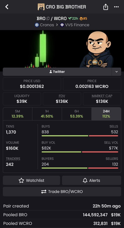 A cryptocurrency tracking page for the token 'CRO BIG BROTHER' (BRO/WCRO) on VVS Finance via Cronos, showing a price of $0.0001362, liquidity of $39K, market cap of $136K, and a 112% gain in 24H.