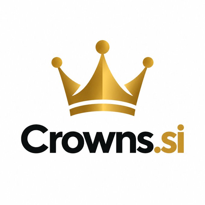 A logo featuring a golden crown sits above the text "Crowns.si," with "Crowns" in black and ".si" in gold.
