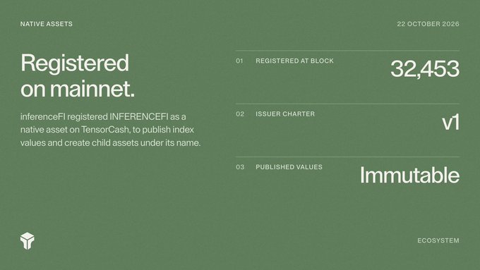 A green “NATIVE ASSETS” graphic dated “22 OCTOBER 2026” announces “Registered on mainnet,” showing “REGISTERED AT BLOCK 32,453,” “ISSUER CHARTER v1,” and “PUBLISHED VALUES Immutable.”