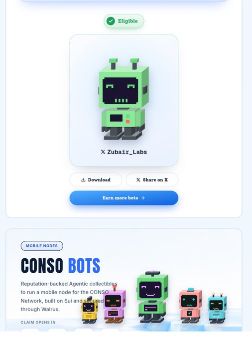 A webpage showing a green pixelated robot character labeled 'X Zubair_Labs' with an 'Eligible' badge, along with a section for 'CONSO BOTS' mobile nodes, described as reputation-backed agentic collectibles.