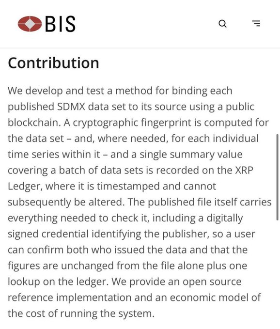 A mobile screenshot from the BIS website shows a "Contribution" section explaining their method for binding published SDMX data sets to their source using a public blockchain, with cryptographic fingerprints recorded on the XRP Ledger.