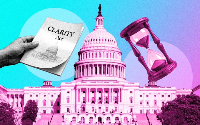 A pink-tinted illustration of the U.S. Capitol building is accompanied by a hand holding a 'CLARITY Act' document and a large hourglass graphic on a teal background.