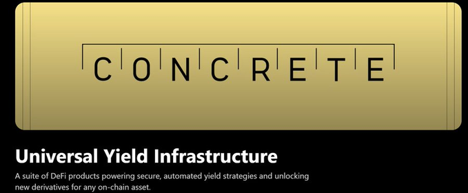A golden banner displays the "CONCRETE" logo with a tagline below reading "Universal Yield Infrastructure," describing it as "A suite of DeFi products powering secure, automated yield strategies and unlocking new derivatives for any on-chain asset," which ties into the post's promotion of rebinding social media accounts to points.concrete.xyz.