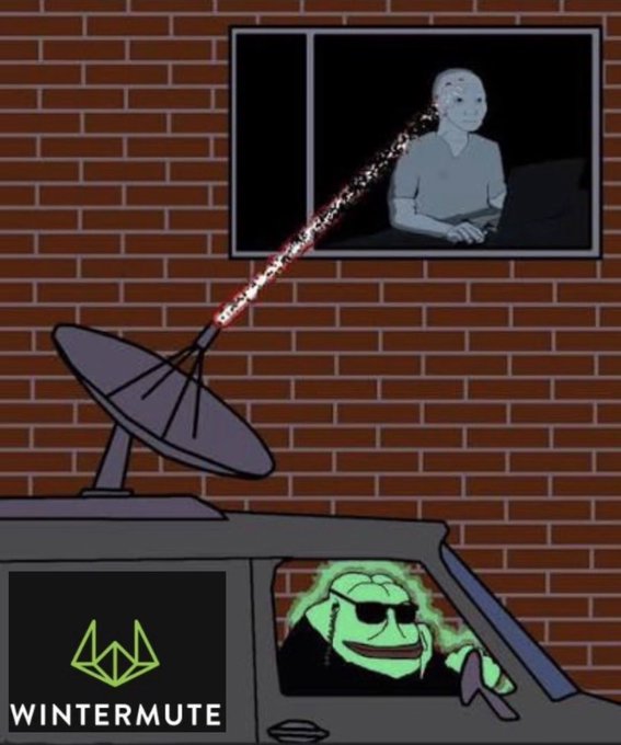 A cartoon van labeled "WINTERMUTE" (a crypto market maker) uses a satellite dish to transmit a signal onto a TV displaying Ansem (a crypto influencer), while a Pepe-like figure drives—visually satirizing the post's promise to "rotate on-chain profits" to Ansem and "cashcat" as guaranteed moonshots.
