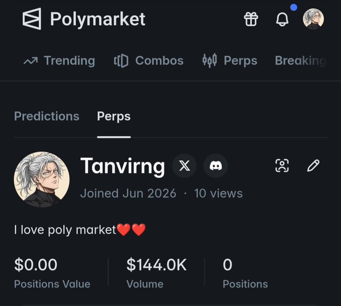 A Polymarket profile page for user 'Tanvirng' who joined in June 2026, with the bio 'I love poly market,' $0.00 positions value, and $144.0K volume.