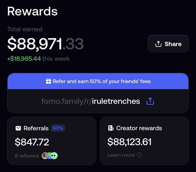 A Fomo.family Rewards dashboard shows total earnings of $88,971.33, with $88,123.61 from creator rewards and only $847.72 from 8 referrals (50% rate), illustrating the poster's point that they've earned substantial income from content creation while neglecting to share their referral link (fomo.family/r/iruletrenches).