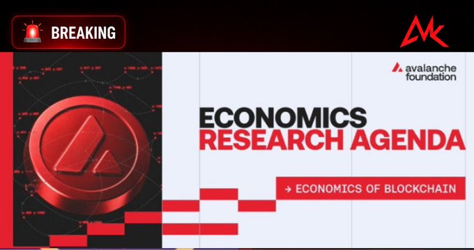 A 'BREAKING' news thumbnail from MK featuring the Avalanche Foundation, highlighting an 'ECONOMICS RESEARCH AGENDA' focused on the 'ECONOMICS OF BLOCKCHAIN', alongside a red AVAX coin graphic.