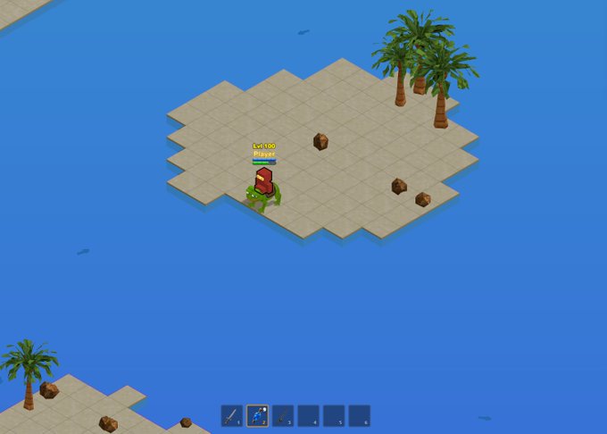 A character named "Hero" (Level 1) stands on a small island in a tile-based video game, with palm trees and coconuts scattered around, while a UI bar appears at the bottom. The post shares the screenshot with @solanagaming, likely showcasing a gaming-related Solana project.