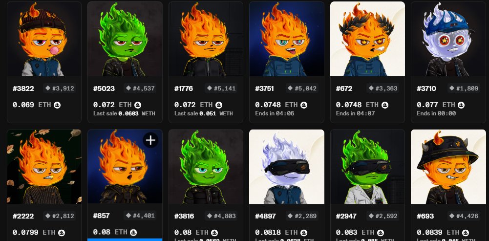 Grid of NFT listings showing various flame-headed character avatars priced between 0.069-0.0839 ETH on what appears to be a marketplace.