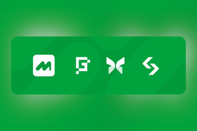 A green banner displays four white app icons, including one with an 'M' in a rounded square and others resembling a stylized 'F', an 'X', and a double arrow.
