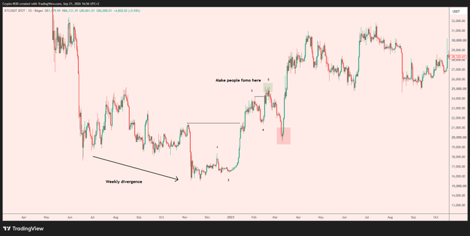A TradingView candlestick chart for BTC/USD showing price action with annotations including 'Weekly divergence' and 'make people fomo here', with prices ranging around 19,000-31,000.