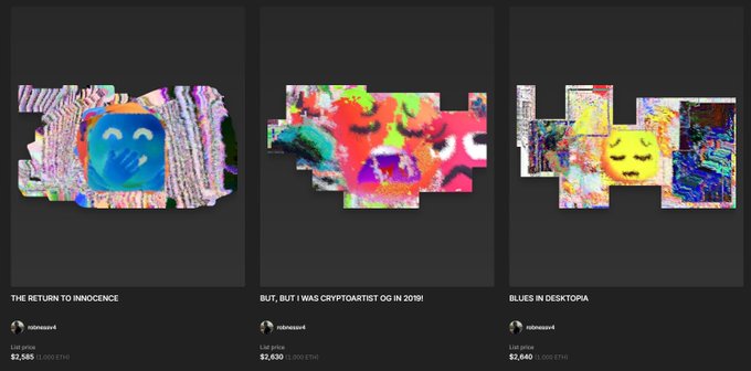 Three NFT listings are displayed with titles 'THE RETURN TO INNOCENCE' ($2,585), 'BUT, BUT I WAS CRYPTOARTIST OG IN 2019!!' ($2,630), and 'BLUES IN DESKTOPIA' ($2,640), all by the user 'n0tessu4'.