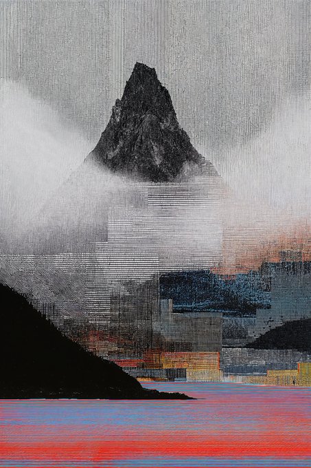 A surreal digital artwork featuring a dark, jagged mountain peak emerging from mist, layered over glitched geometric patterns and a striking red-and-blue textured foreground.