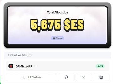 A digital interface showing a 'Total Allocation' of 5,675 $ES with a linked wallet labeled 'DAMh...s4AR' and a 'Share' button.