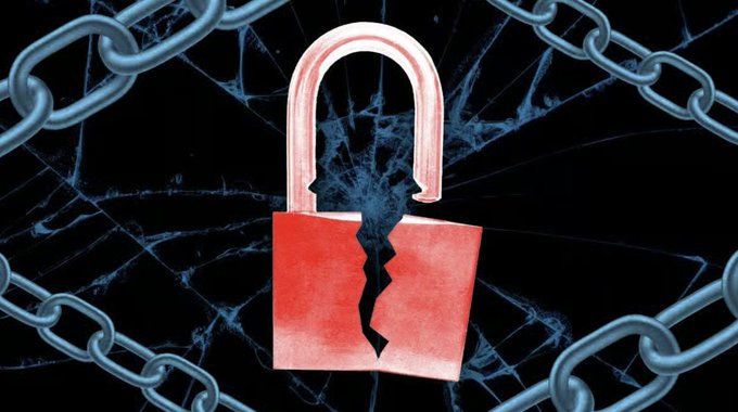 A cracked red padlock surrounded by chains against a dark, shattered background symbolizes the alarming surge in crypto "wrench attacks," illustrating the escalating physical security threats targeting crypto holders, with France accounting for the majority of incidents as reported by CertiK.