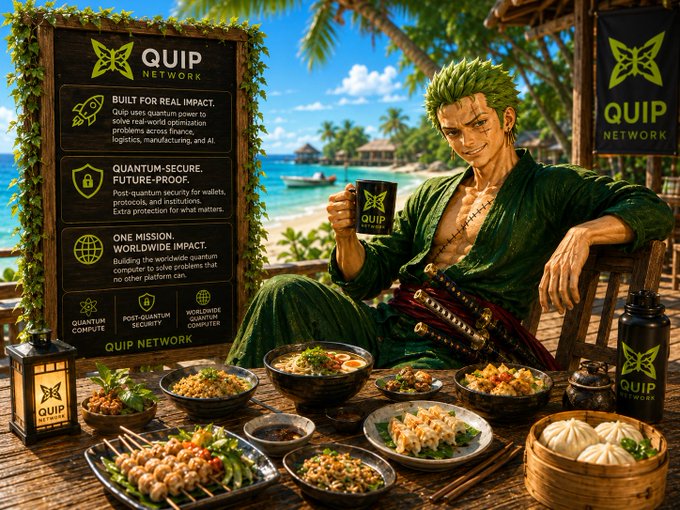 An anime-style promotional poster for 'QUIP NETWORK' featuring a green-haired swordsman enjoying a meal at a tropical beachside, with the brand's three selling points listed: 'BUILT FOR REAL IMPACT', 'QUANTUM-SECURE. FUTURE-PROOF.', and 'ONE MISSION. WORLDWIDE IMPACT.'