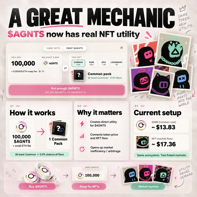 An infographic titled 'A GREAT MECHANIC' explaining how $AGNTS token provides real NFT utility, showing conversion of 100,000 AGNTS into a Common Pack with details on pricing and mechanics.