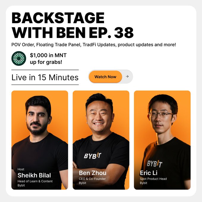 The image shows three men wearing black t-shirts with white text that says "Bybit" written on them, standing against an orange background. The image also contains a caption about a live stream event where they are being interviewed by a reporter named Eric Li.