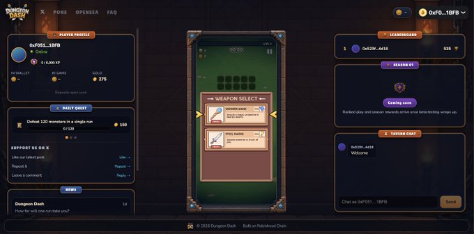 A screenshot of the Dungeon Dash game interface showing a weapon selection screen, player profile for 'OxF0S...1BFB,' daily quests, leaderboard rankings, and chat.