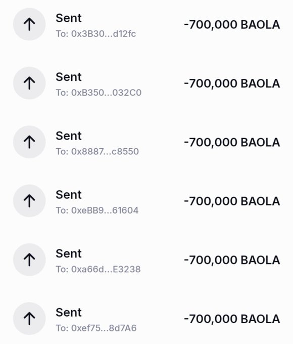 A list of six completed outgoing transactions, each labeled 'Sent' for -700,000 BAOLA to various wallet addresses starting with 0x.