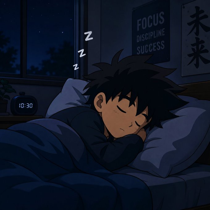 The image features a cartoon boy sleeping peacefully on his bed with a clock next to him that reads 10:30. The caption of the image includes some Japanese characters, which might be related to the anime or the post itself.