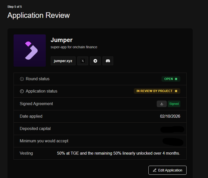 An 'Application Review' screen (Step 5 of 5) for 'Jumper' (jumper.xyz), a super-app for onchain finance, showing round status as OPEN, application status as IN REVIEW BY PROJECT, with a signed agreement and vesting terms of 50% at TGE and the remaining 50% linearly unlocked over 4 months.