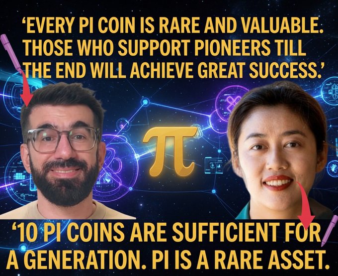 The image features a man wearing glasses with a beard, and a woman with short hair. They are both smiling for the camera. The background of the image has a dark blue color, which contrasts with their faces. Above them, there is text that reads "Every Pi coin is rare and valuable. Those who support pioneers will till the end will achieve great success." Below this text, there is an illustration of the number Pi surrounded by stars and circles. The text also includes the words "Pioneers", "Web3", and "scale".