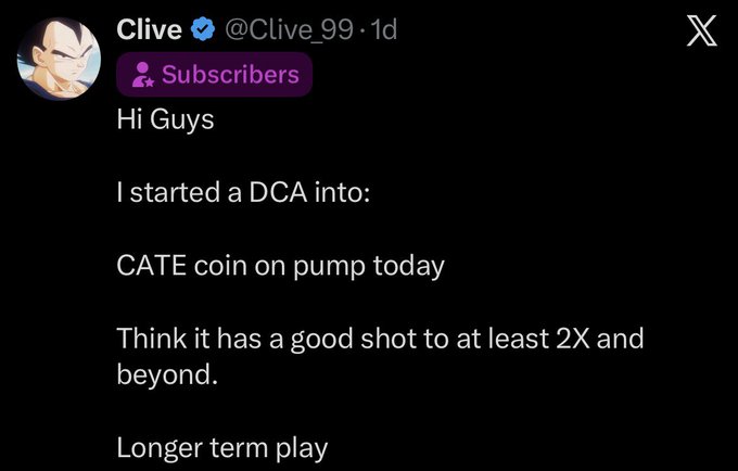 A screenshot of an X (Twitter) post by verified user Clive (@Clive_99) announcing he started a DCA into "CATE coin on pump" and views it as a longer-term play with potential for 2x gains. The post aligns with the caption's mention of Subscribers ("Subs") profiting from Cate when it was at a $4.5M market cap.