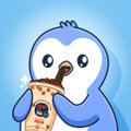 A cute cartoon penguin mascot is shown drinking boba tea through a straw, with a wrapper visible that reads "Pudgy Penguins," tying directly to the post about enjoying the beverage while using the Pudgy Penguins-branded credit card.