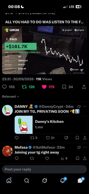 A Twitter/X screenshot showing a video about 'GMGN' with '+ $161.7K' profit highlighted, dated 23:31 on 20/09/2026, with replies from Danny and Mufasa.