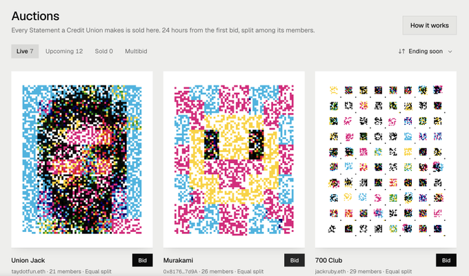 A screenshot of an Auctions platform displays three "Live" items for bid: "Union Jack" by taydotfun.eth (21 members), "Murakami" by 0x8176...79da (26 members), and "700 Club" by jacknulyath (29 members), each with options to Bid. The image supports the post about running auctions for community-composed statements, showing the active bidding interface where credit union members can participate.