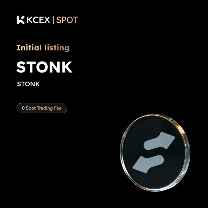 KCEX Spot exchange announces the initial listing of 'STONK' token with 0 spot trading fees, showing the coin's logo.
