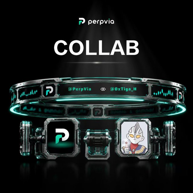 The image showcases a "COLLAB" promotional graphic for PerpVia, featuring a futuristic teal-lit NFT ring design displaying the handles "@PerpVia" and "@0xTiga_H," along with two framed NFT icons—the PerpVia logo and an Ultraman-style character—teasing their Genesis Pass NFT giveaway partnership.