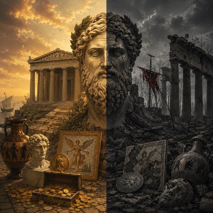 A split-image illustration contrasting ancient Greek civilization, with statues and a temple on a sunlit left side, against ruined, dark, and desolate classical architecture on the right.