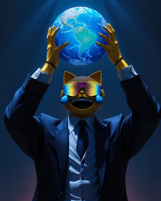 A digital artwork of an anthropomorphic cat figure wearing a dark suit and tie, with rainbow-tinted sunglasses and headphones, holding the Earth globe above its head against a dark background.