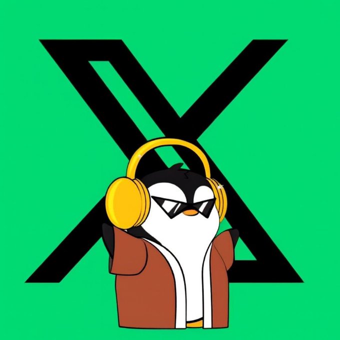 A cartoon penguin wearing sunglasses and yellow headphones stands in front of a large black "X" logo on a green background, matching the casual "Gm gm, happy Friday" vibe with its chill, music-ready aesthetic.
