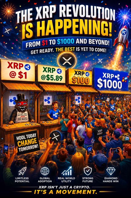 A promotional graphic titled 'THE XRP REVOLUTION IS HAPPENING!' showing XRP price milestones from $1 to $1000, with the slogan 'XRP ISN'T JUST A CRYPTO. IT'S A MOVEMENT.'