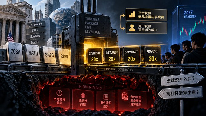 A promotional graphic in Chinese and English for a cryptocurrency perpetual contracts product showing tokenized packages with 20x leverage (ZCSHUSDT, MSTUUSDT, SNPSUSDT, RDWUSDT), highlighting 24/7 trading features and warning of hidden risks at the bottom.