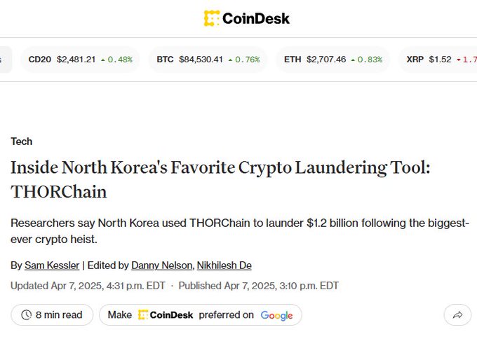 A CoinDesk article titled "Inside North Korea's Favorite Crypto Laundering Tool: THORChain," reporting that North Korea used THORChain to launder $1.2 billion following the biggest-ever crypto heist. This visual supports the post's criticism of THORChain, highlighting how the platform has allegedly facilitated illicit financial activity by North Korean actors.