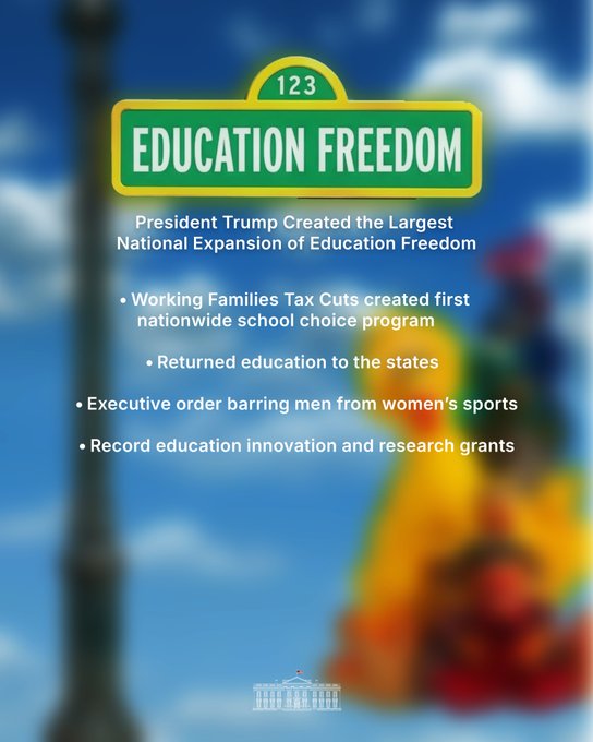 The image is a White House graphic titled "123 EDUCATION FREEDOM," claiming President Trump created the "Largest National Expansion of Education Freedom" through measures like the Working Families Tax Cuts, returning education to states, an executive order on women's sports, and record research grants, set against a blurred background featuring a child in a yellow raincoat near a pole.

The post appears to be cryptically linking a wallet address ("0x725bb043d48b65641fc12d08a2879fd417817777") to the imagery, referencing "CZ" (likely Binance founder Changpeng Zhao) and alluding to a past "$TRUMP family" meme coin trade—this post seems to speculate that a similar payout or insider play may be tied to this Trump education-related image and the referenced wallet.