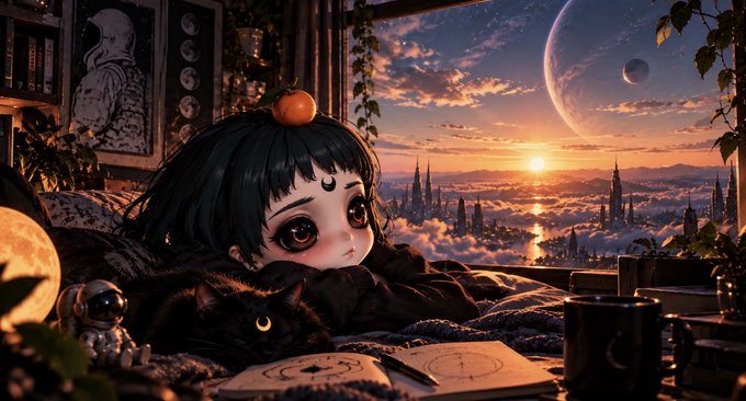 An anime-style illustration shows a dark-haired girl with a small orange fruit on her head resting beside a black cat, gazing out a window at a sunset over a futuristic cityscape with planets visible in the sky.