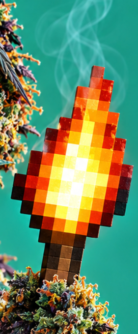A Minecraft-style pixel art torch made of cubes, glowing orange and yellow with smoke rising, set against a teal background with foliage.
