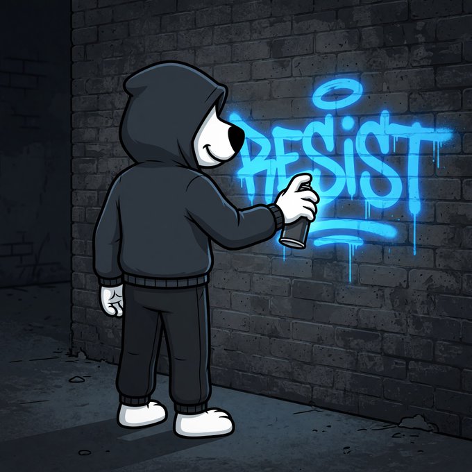 A cartoon character in a black hoodie and white mask spray-paints the word 'RESIST' in glowing blue graffiti on a brick wall at night.