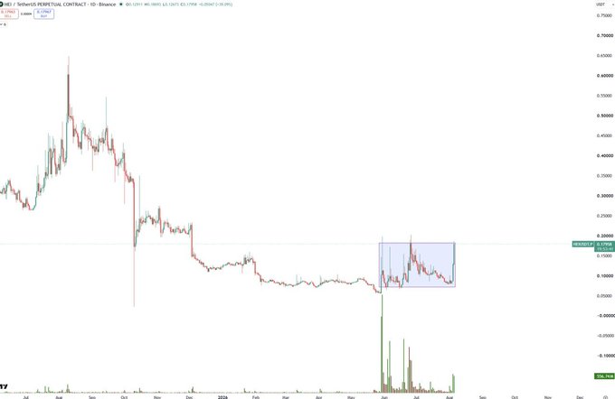 Fenerbahçe Fan Token (FNB/USDT) perpetual futures contract daily chart on Binance showing a major price decline from highs around $0.60 down to current levels near $0.1240, with a highlighted consolidation rectangle and large volume spike visible.