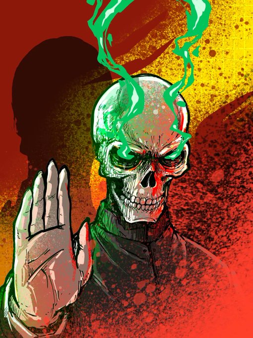 Stylized comic-book illustration of a skeleton with glowing green flame emanating from its head, set against a red and yellow background.